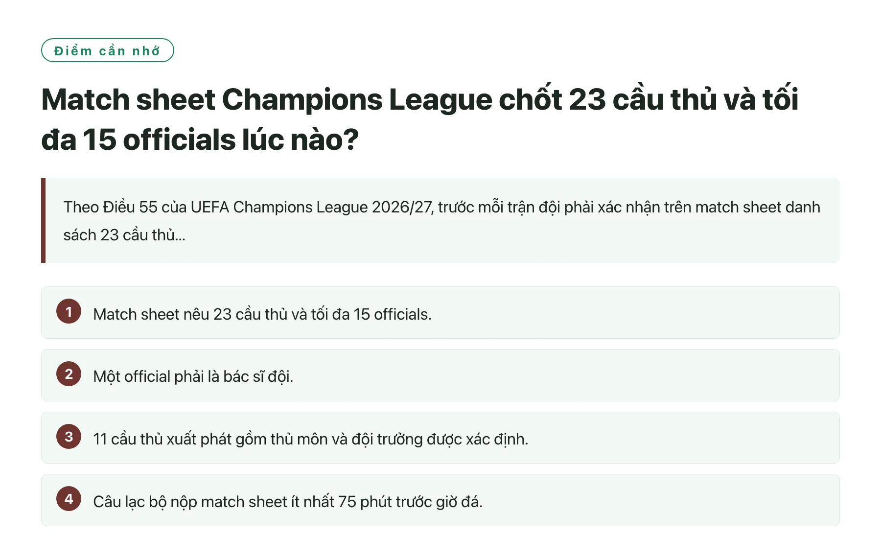 Match sheet Champions League chốt 23 cầu thủ và tối đa 15 officials lúc nào?——全文要点速览