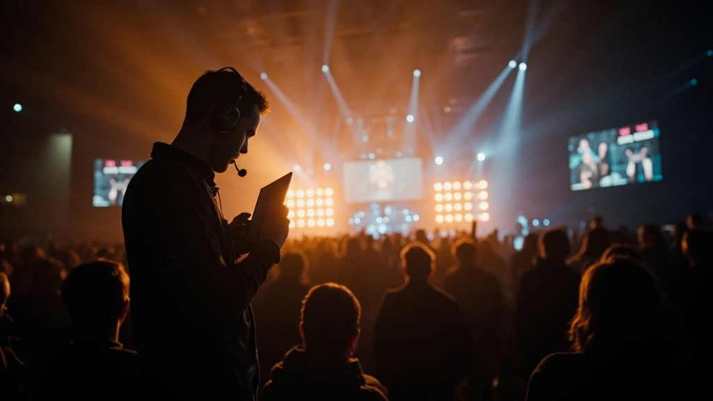 Behind-the-scenes production still of a large conference stage at dawn with a show caller reviewing the run-of-show.